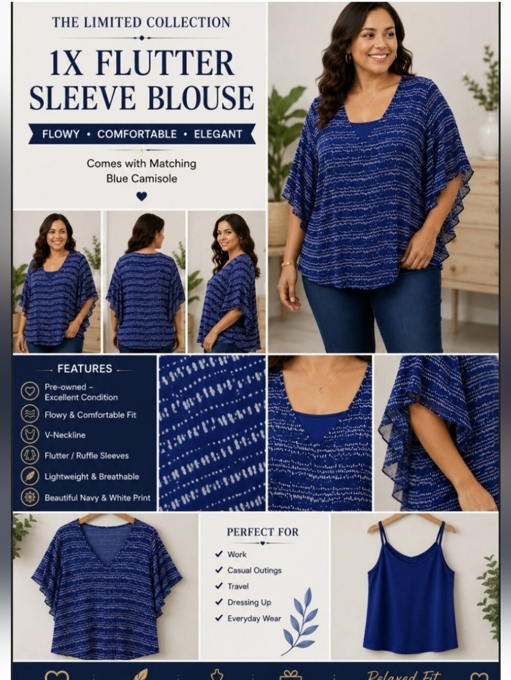 The Limited Collection Blue Flutter Sleeve Blouse w/ Camisole 1X EUC
